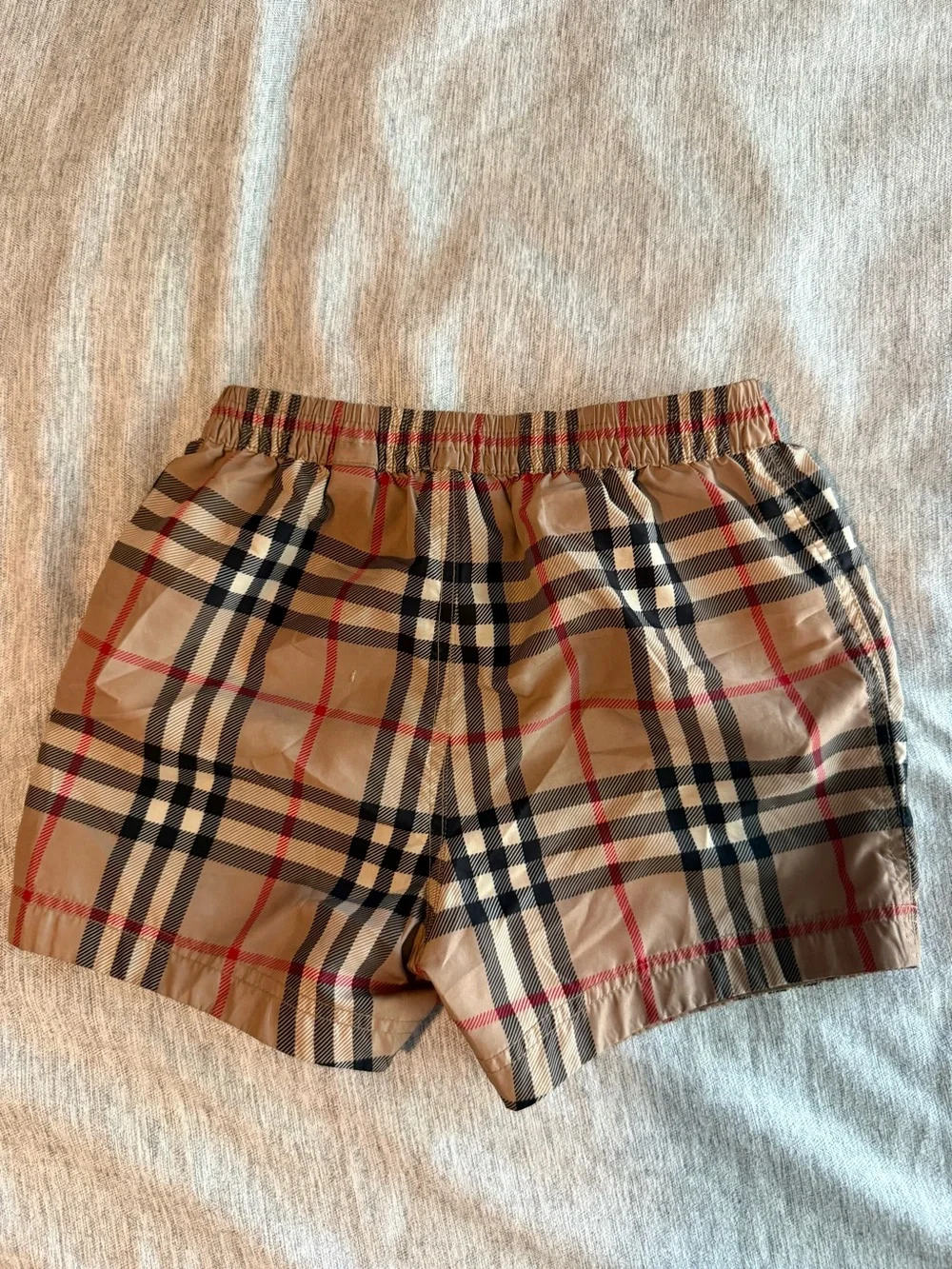 Authentic Burberry Tan Plaid Check Swim Shorts w/ Black & Red Accents 12 months